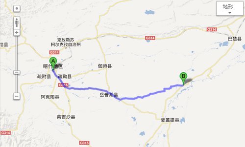 綠色標記處B即為巴楚縣色力布亞鎮(zhèn)