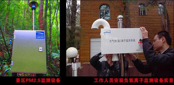 景區(qū)PM2.5監(jiān)測設(shè)備 工作人員正在安裝負(fù)氧離子監(jiān)測設(shè)備