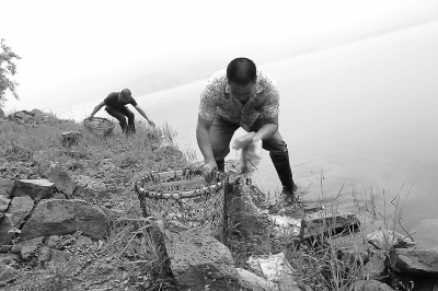 昨日，后橋水庫(kù)工作人員對(duì)釣魚(yú)者丟棄在岸邊的垃圾進(jìn)